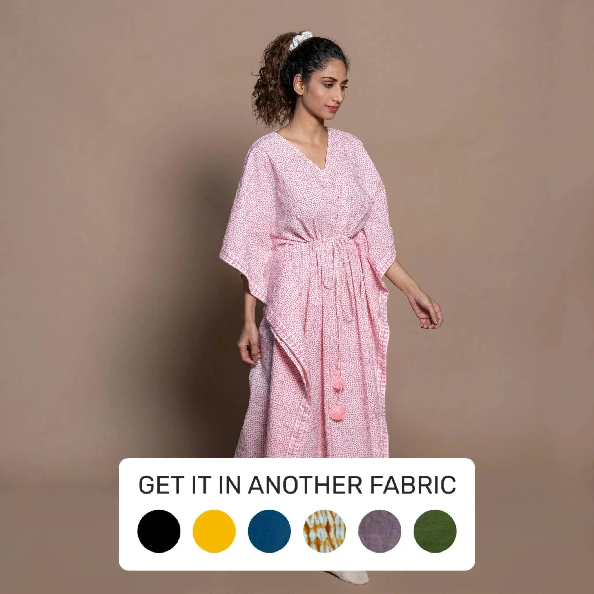 Pink Hand Block Printed Cotton Maxi Kaftan Dress