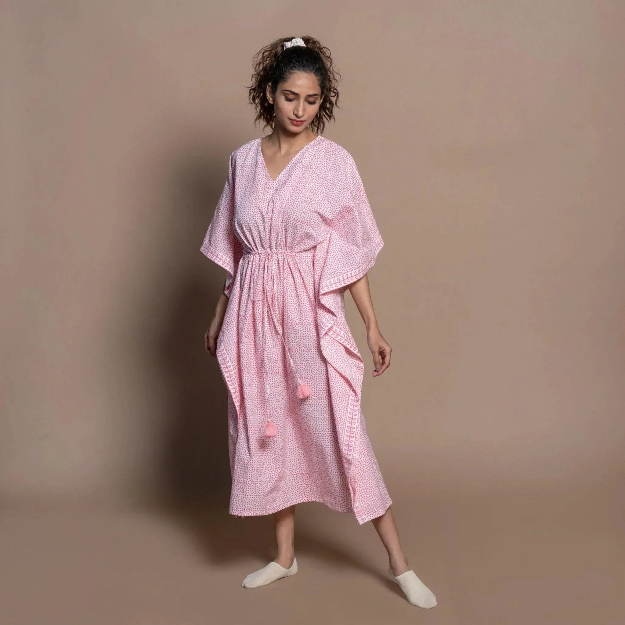 Pink Hand Block Printed Cotton Maxi Kaftan Dress