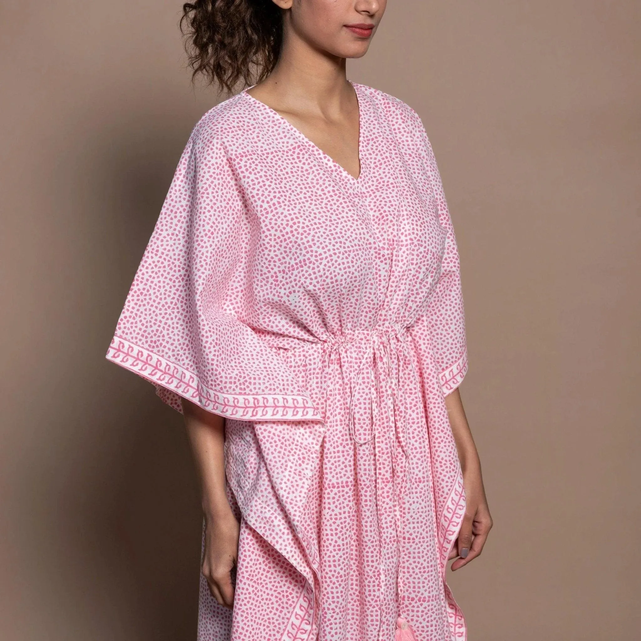 Pink Hand Block Printed Cotton Maxi Kaftan Dress