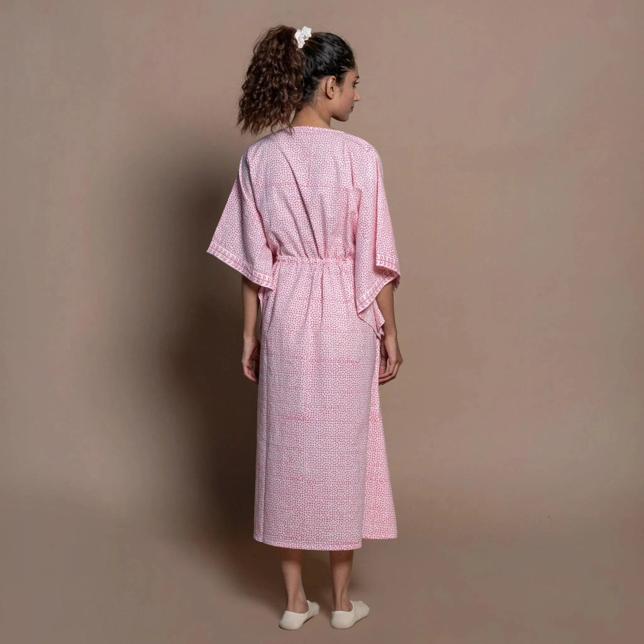 Pink Hand Block Printed Cotton Maxi Kaftan Dress