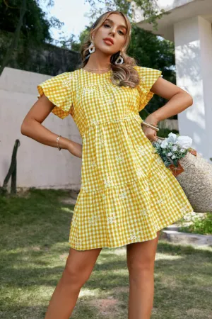 Plaid Floral Embroidery Flutter Sleeve Dress