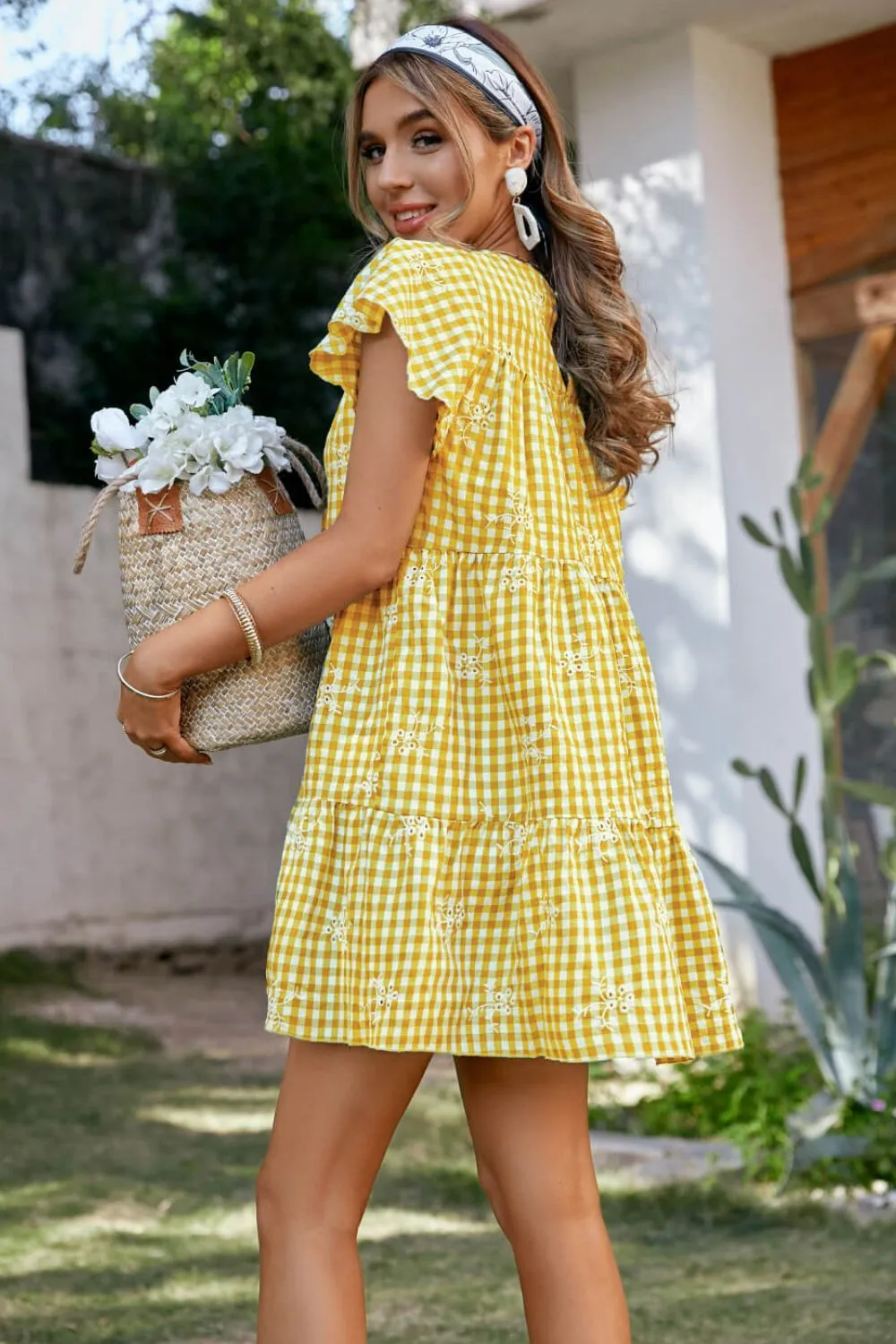 Plaid Floral Embroidery Flutter Sleeve Dress