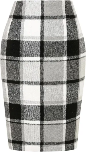 Plaid Skirts for Women Trendy Midi Skirt High Waisted Bodycon Pencil Wool Skirts A Lined Short Skirts Womens Fashion Knee Length Flannel Skirts Cruise Essentials Outfits(D Gray,S)