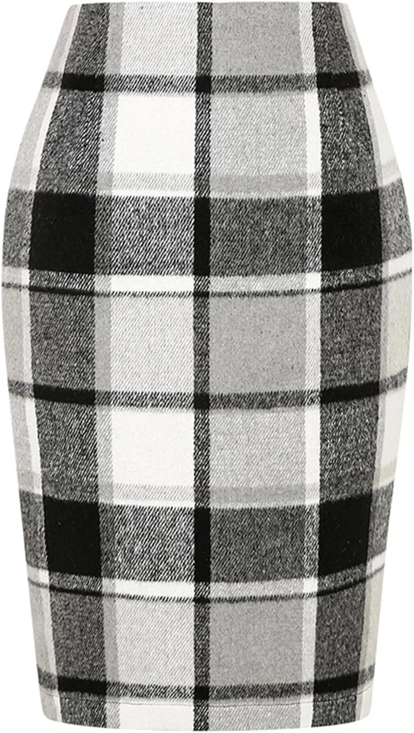 Plaid Skirts for Women Trendy Midi Skirt High Waisted Bodycon Pencil Wool Skirts A Lined Short Skirts Womens Fashion Knee Length Flannel Skirts Cruise Essentials Outfits(D Gray,S)