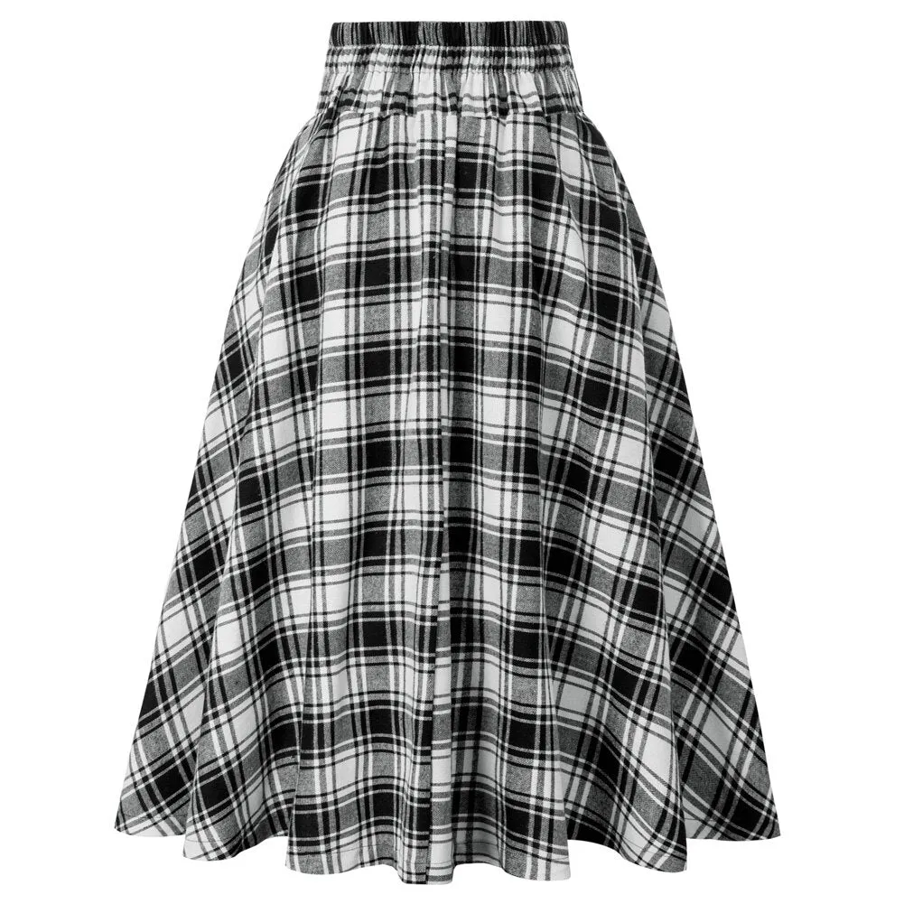 Plaided Skirt High Waist Buttons Decorated Flared A-Line With Open Side-seam Pockets Flared A-Line Silhou