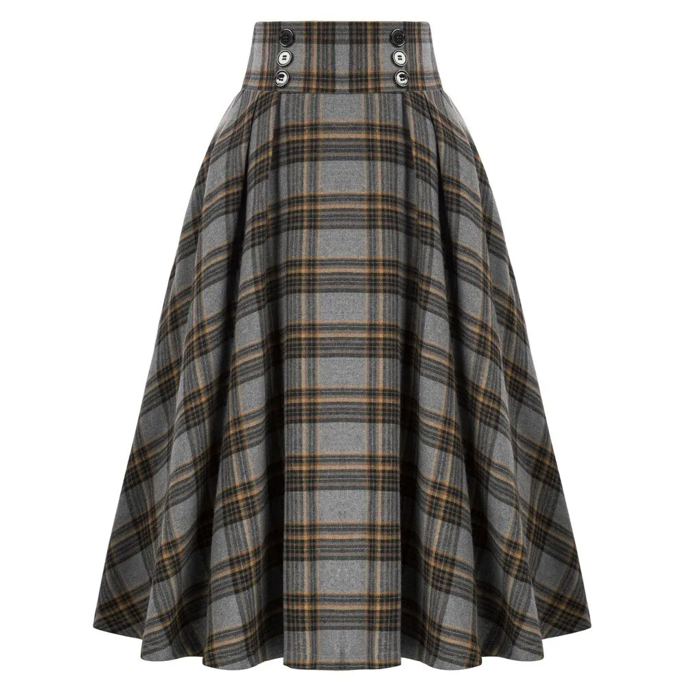 Plaided Skirt High Waist Buttons Decorated Flared A-Line With Open Side-seam Pockets Flared A-Line Silhou