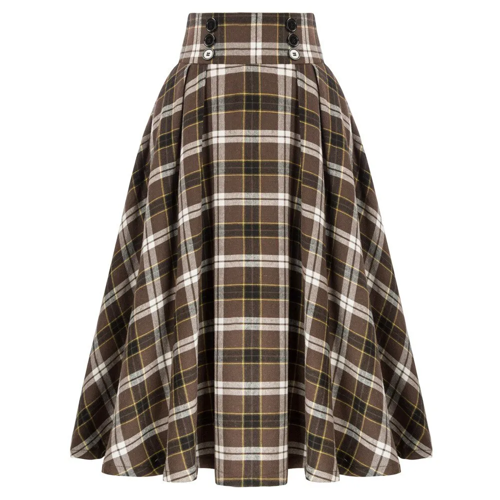 Plaided Skirt High Waist Buttons Decorated Flared A-Line With Open Side-seam Pockets Flared A-Line Silhou