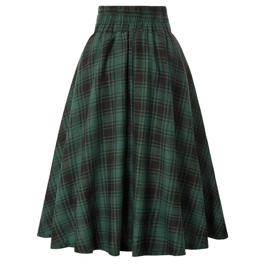 Plaided Skirt High Waist Buttons Decorated Flared A-Line With Open Side-seam Pockets Flared A-Line Silhou