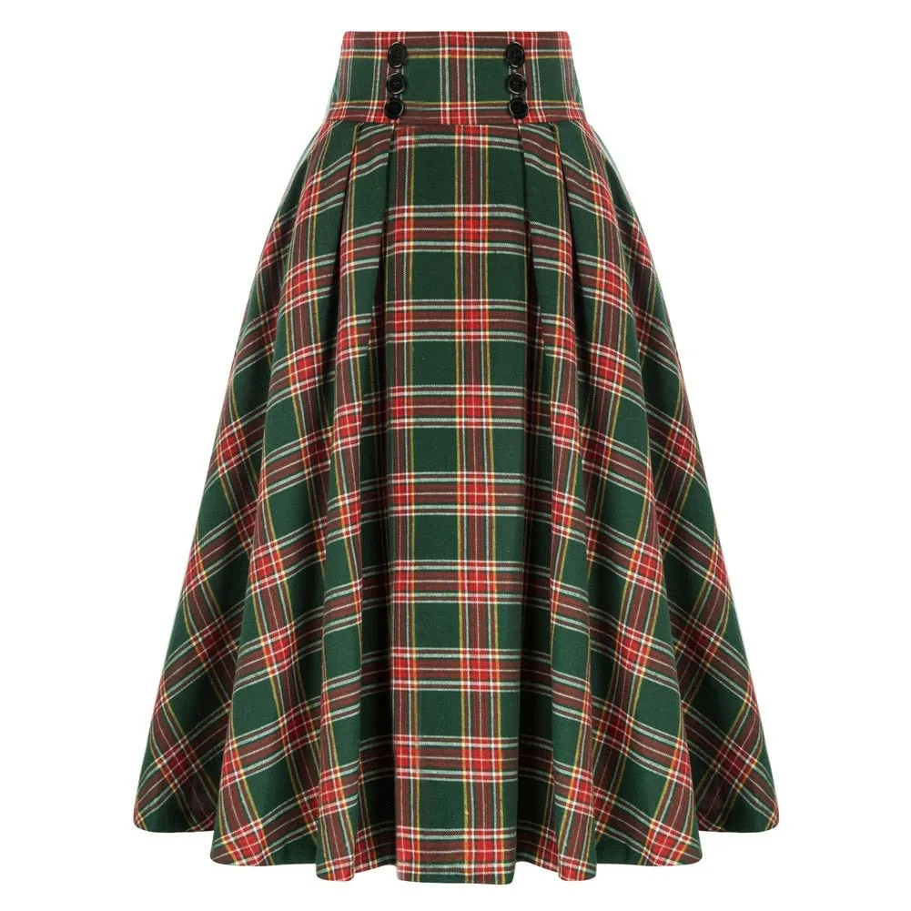 Plaided Skirt High Waist Buttons Decorated Flared A-Line With Open Side-seam Pockets Flared A-Line Silhou