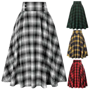 Plaided Skirt High Waist Buttons Decorated Flared A-Line With Open Side-seam Pockets Flared A-Line Silhou