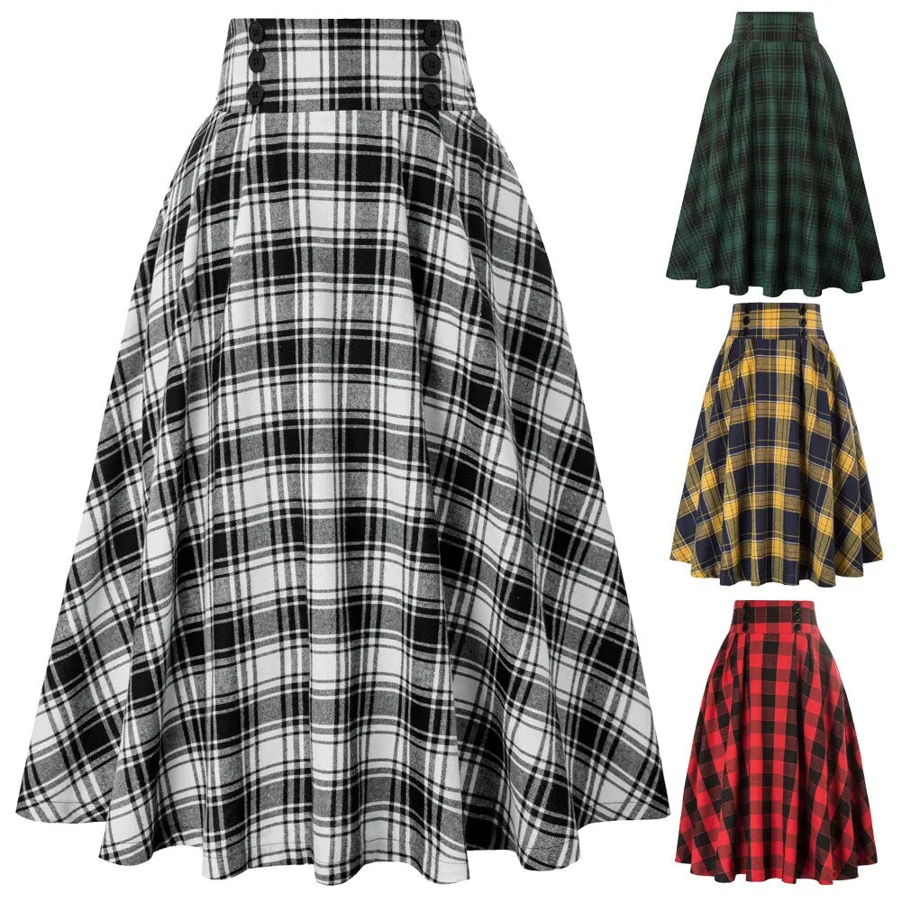 Plaided Skirt High Waist Buttons Decorated Flared A-Line With Open Side-seam Pockets Flared A-Line Silhou