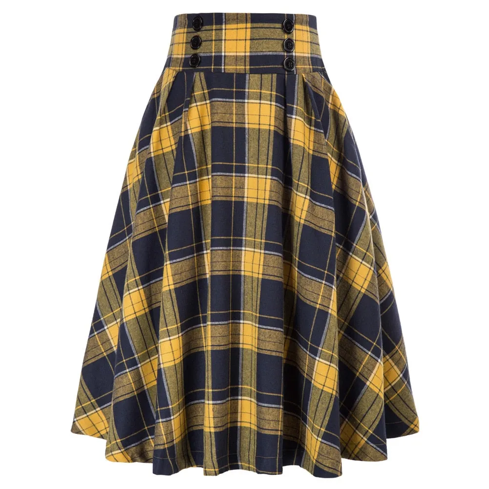 Plaided Skirt High Waist Buttons Decorated Flared A-Line With Open Side-seam Pockets Flared A-Line Silhou
