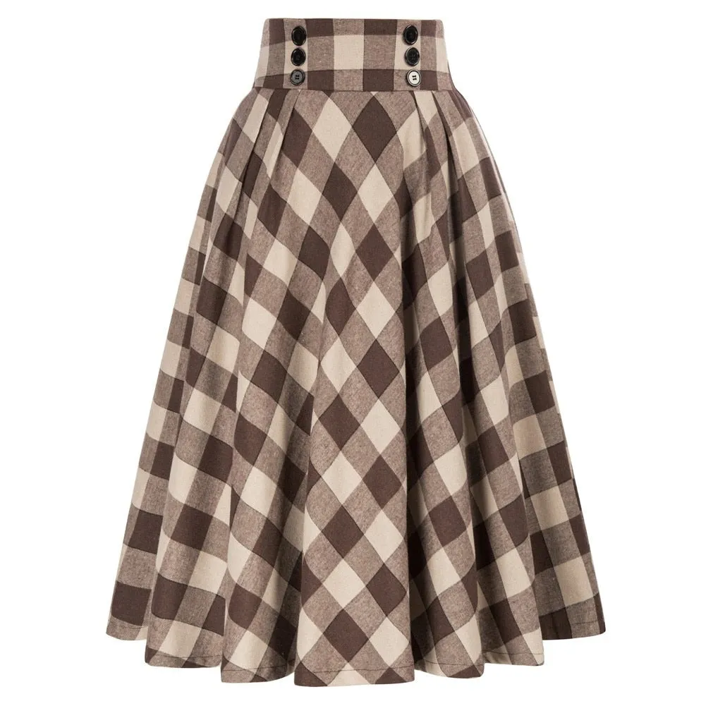 Plaided Skirt High Waist Buttons Decorated Flared A-Line With Open Side-seam Pockets Flared A-Line Silhou