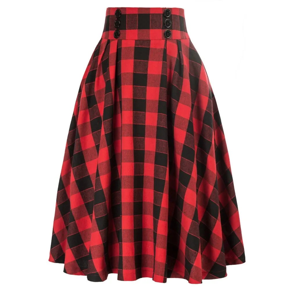 Plaided Skirt High Waist Buttons Decorated Flared A-Line With Open Side-seam Pockets Flared A-Line Silhou
