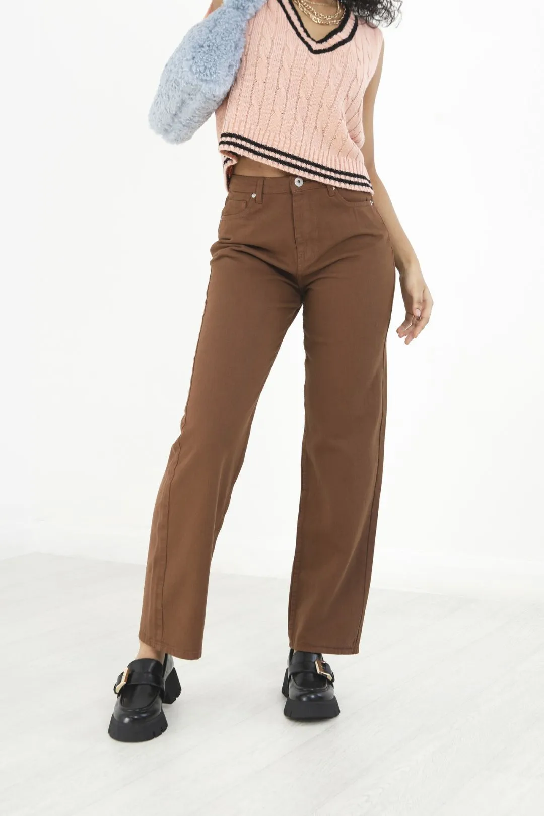 PLAIN PALE BROWN STRAIGHT LEG DENIM JEANS