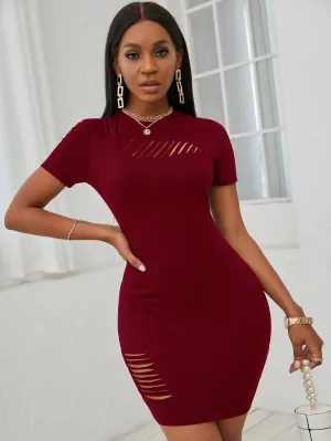 Plain Ripped Short Sleeve Round Neck Pencil Natural Women Short Dress