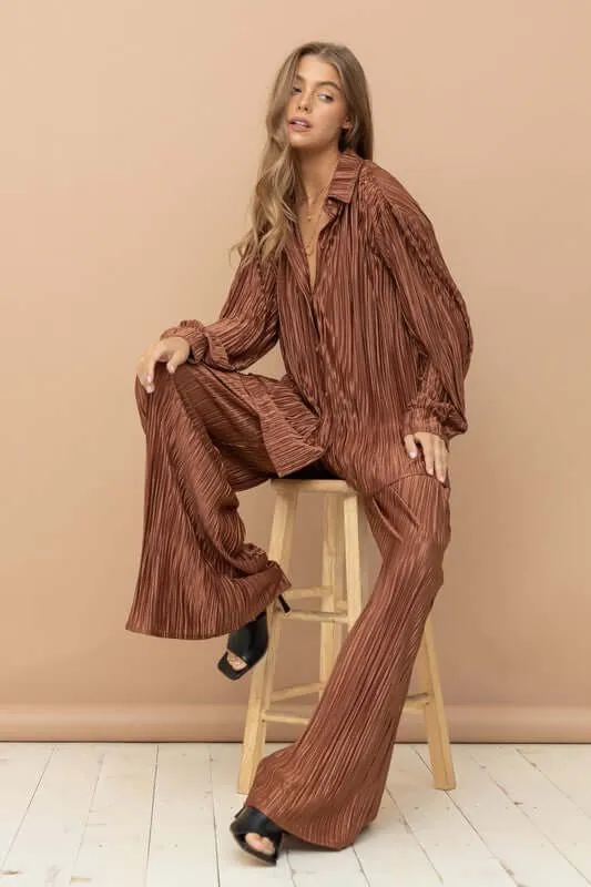Pleated Blouse and Pants Set