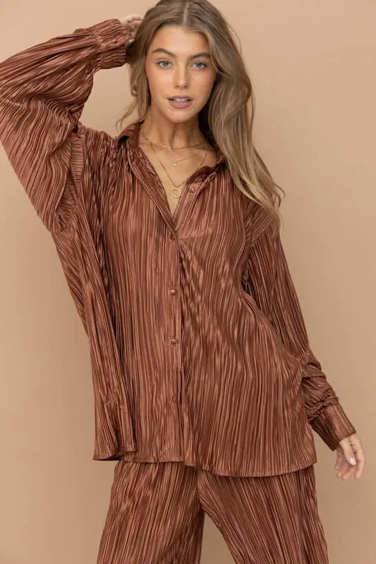 Pleated Blouse and Pants Set