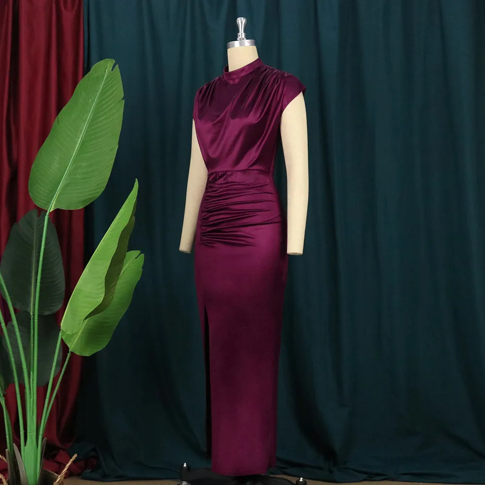 Pleated Slit High Collar Sleeveless Dress