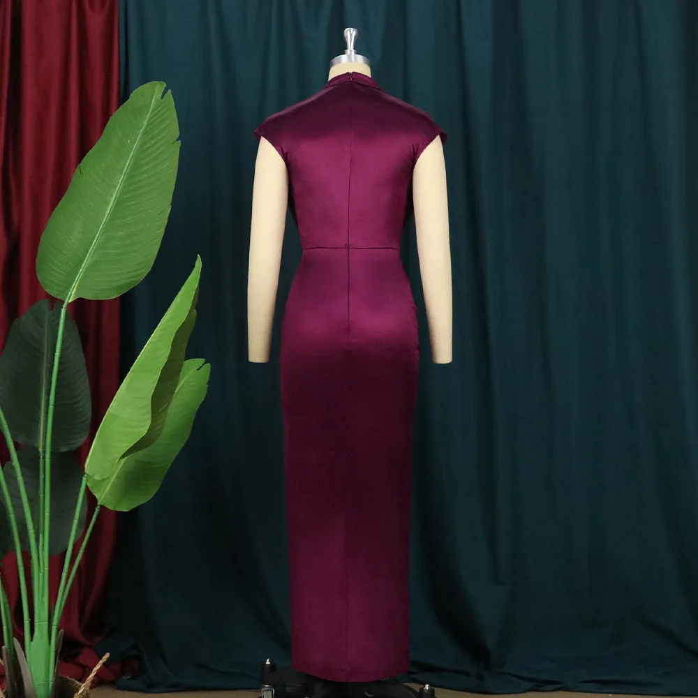 Pleated Slit High Collar Sleeveless Dress
