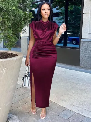 Pleated Slit High Collar Sleeveless Dress