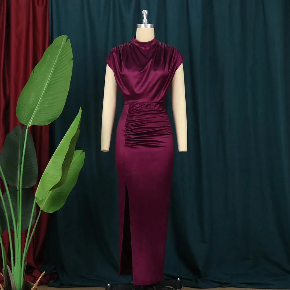 Pleated Slit High Collar Sleeveless Dress