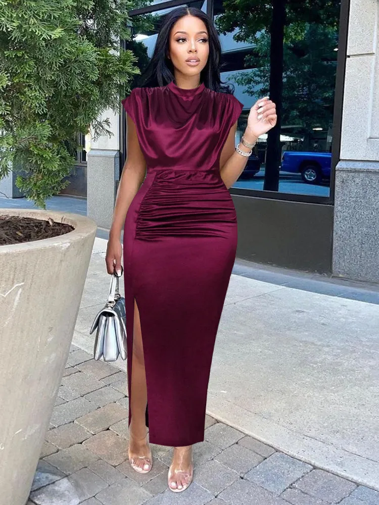 Pleated Slit High Collar Sleeveless Dress