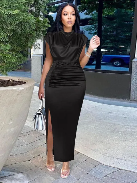 Pleated Slit High Collar Sleeveless Dress