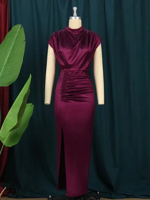 Pleated Slit High Collar Sleeveless Dress