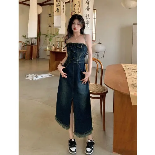 Plus Size American Retro Sexy Tube Top Distressed Denim Skirt Dress for Women - Spring and Summer Fashion