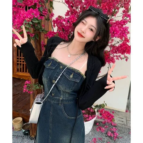 Plus Size American Retro Sexy Tube Top Distressed Denim Skirt Dress for Women - Spring and Summer Fashion