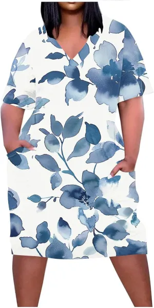 Plus Size Dress for Women Summer Casual Sundress Oversized Printed Loose Casual Dress Short Sleeved Knee Length Dress