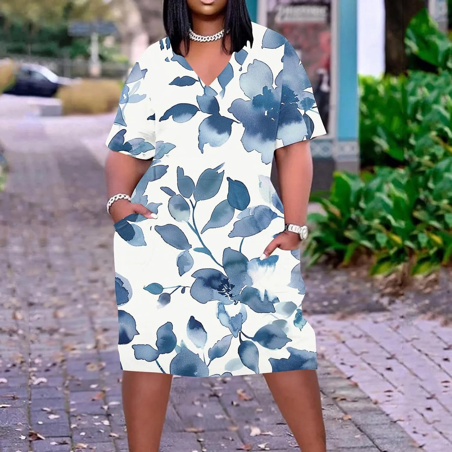 Plus Size Dress for Women Summer Casual Sundress Oversized Printed Loose Casual Dress Short Sleeved Knee Length Dress