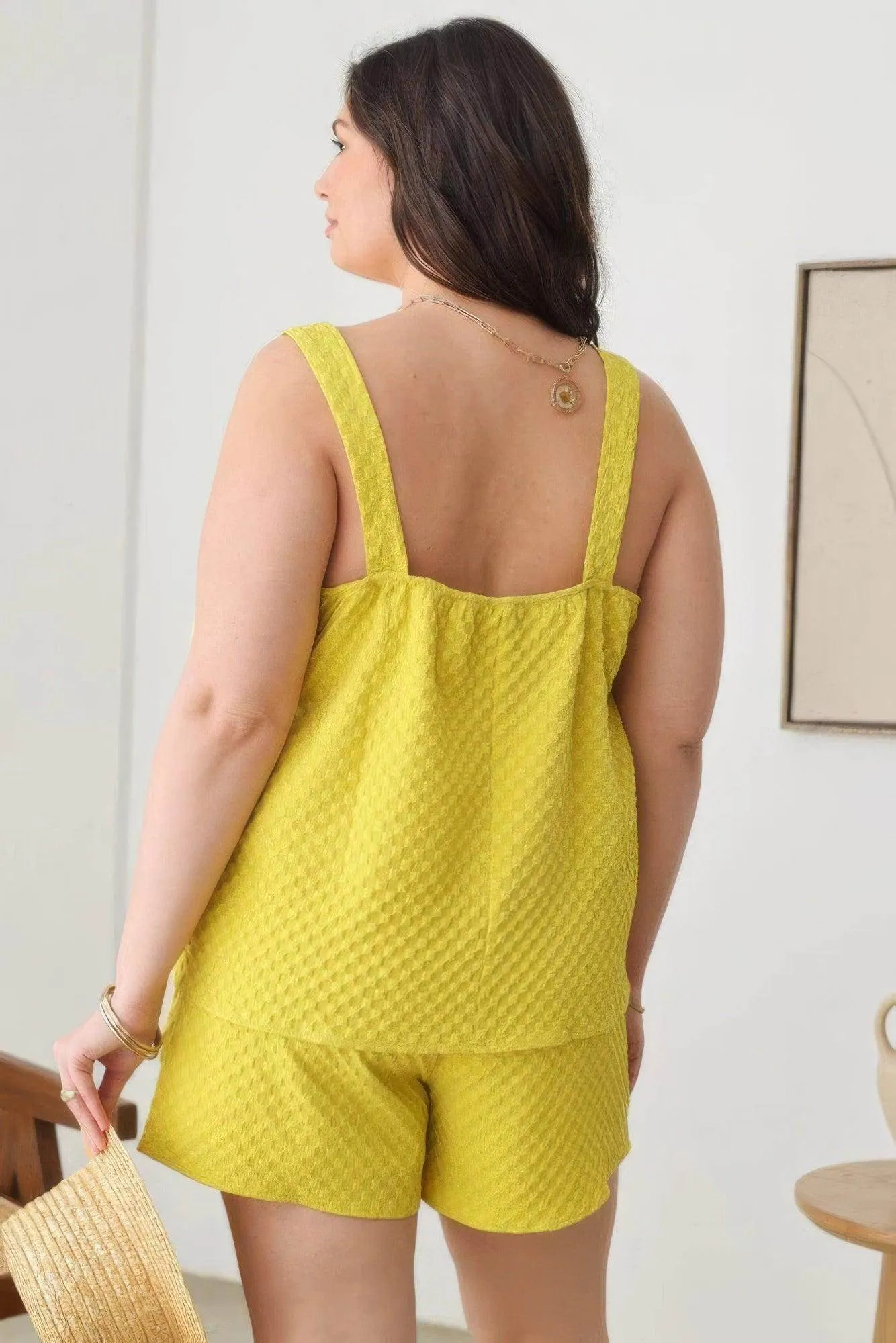 Plus Size Textured Top Elastic Waist Short Sets - Yellow