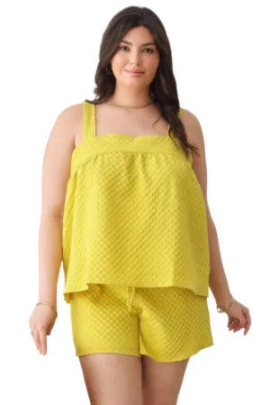 Plus Size Textured Top Elastic Waist Short Sets - Yellow