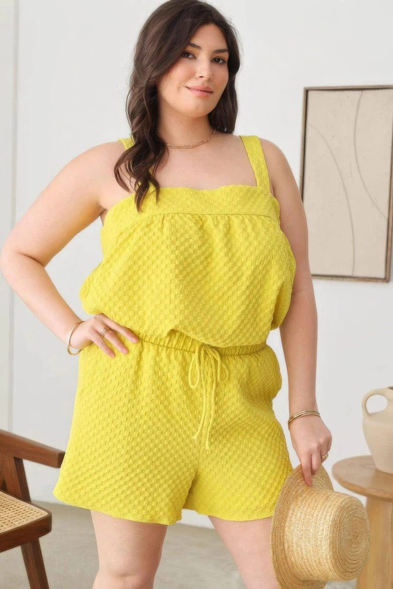 Plus Size Textured Top Elastic Waist Short Sets - Yellow