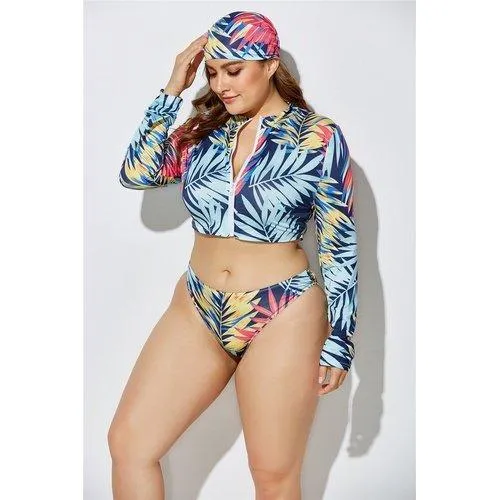Plus Size Three Piece Brazilian Zipper Tie Dye Print Swimsuits