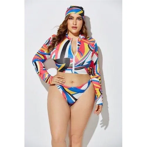 Plus Size Three Piece Brazilian Zipper Tie Dye Print Swimsuits