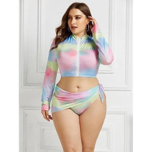 Plus Size Three Piece Brazilian Zipper Tie Dye Print Swimsuits