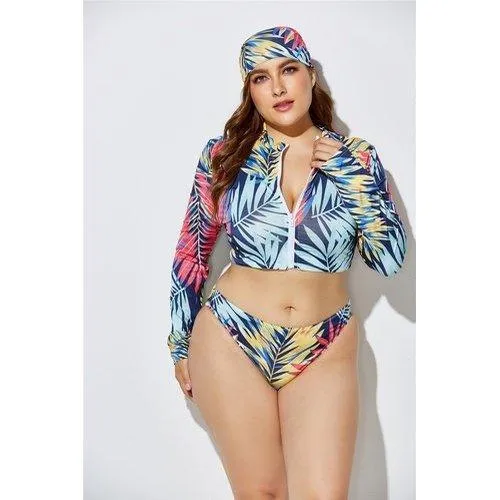 Plus Size Three Piece Brazilian Zipper Tie Dye Print Swimsuits