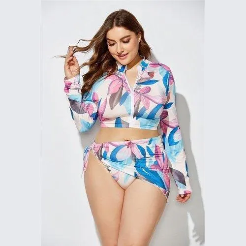 Plus Size Three Piece Brazilian Zipper Tie Dye Print Swimsuits