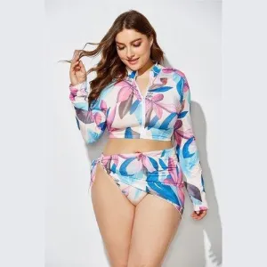 Plus Size Three Piece Brazilian Zipper Tie Dye Print Swimsuits
