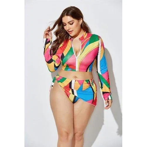 Plus Size Three Piece Brazilian Zipper Tie Dye Print Swimsuits