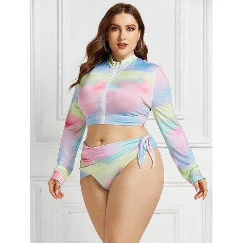 Plus Size Three Piece Brazilian Zipper Tie Dye Print Swimsuits