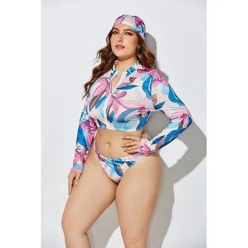 Plus Size Three Piece Brazilian Zipper Tie Dye Print Swimsuits