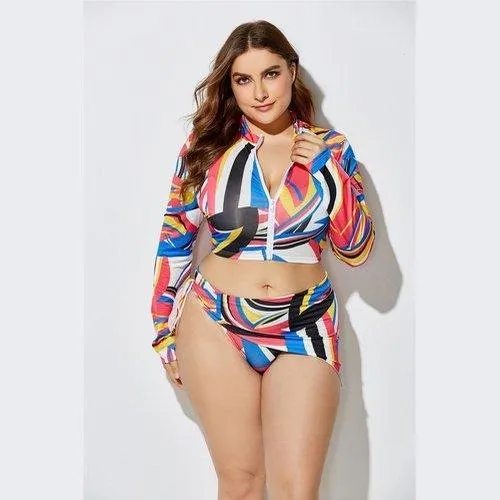 Plus Size Three Piece Brazilian Zipper Tie Dye Print Swimsuits