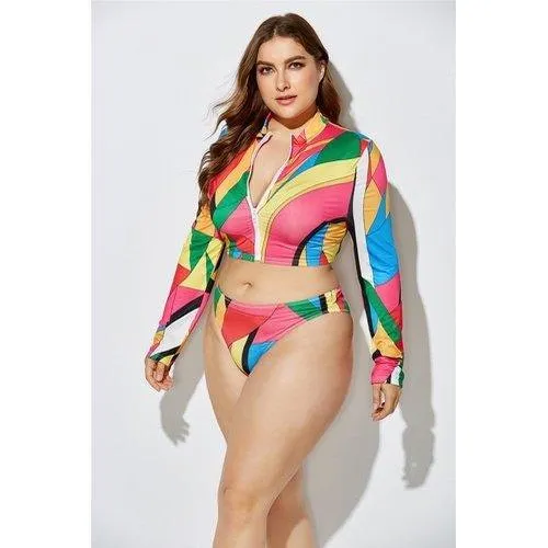 Plus Size Three Piece Brazilian Zipper Tie Dye Print Swimsuits