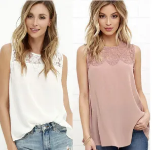 Popular Europe Women White Pink Spliced Lace Chiffon Tops Sleeveless Tank Top