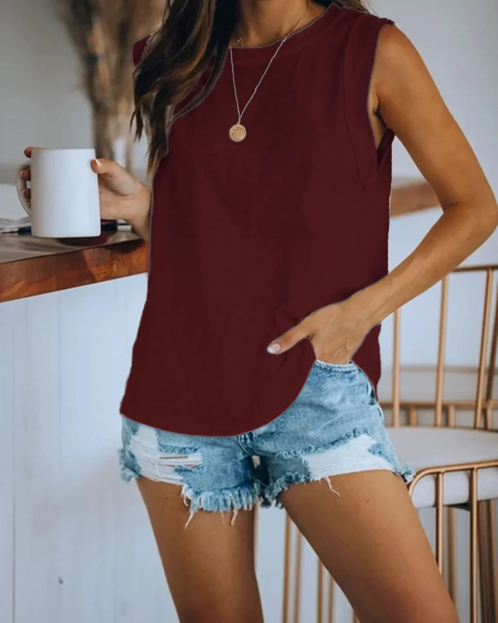 Popular Women Europe Round-Neck Dye Solid Colored Tank Top T-Shirt Tops T-Shirt