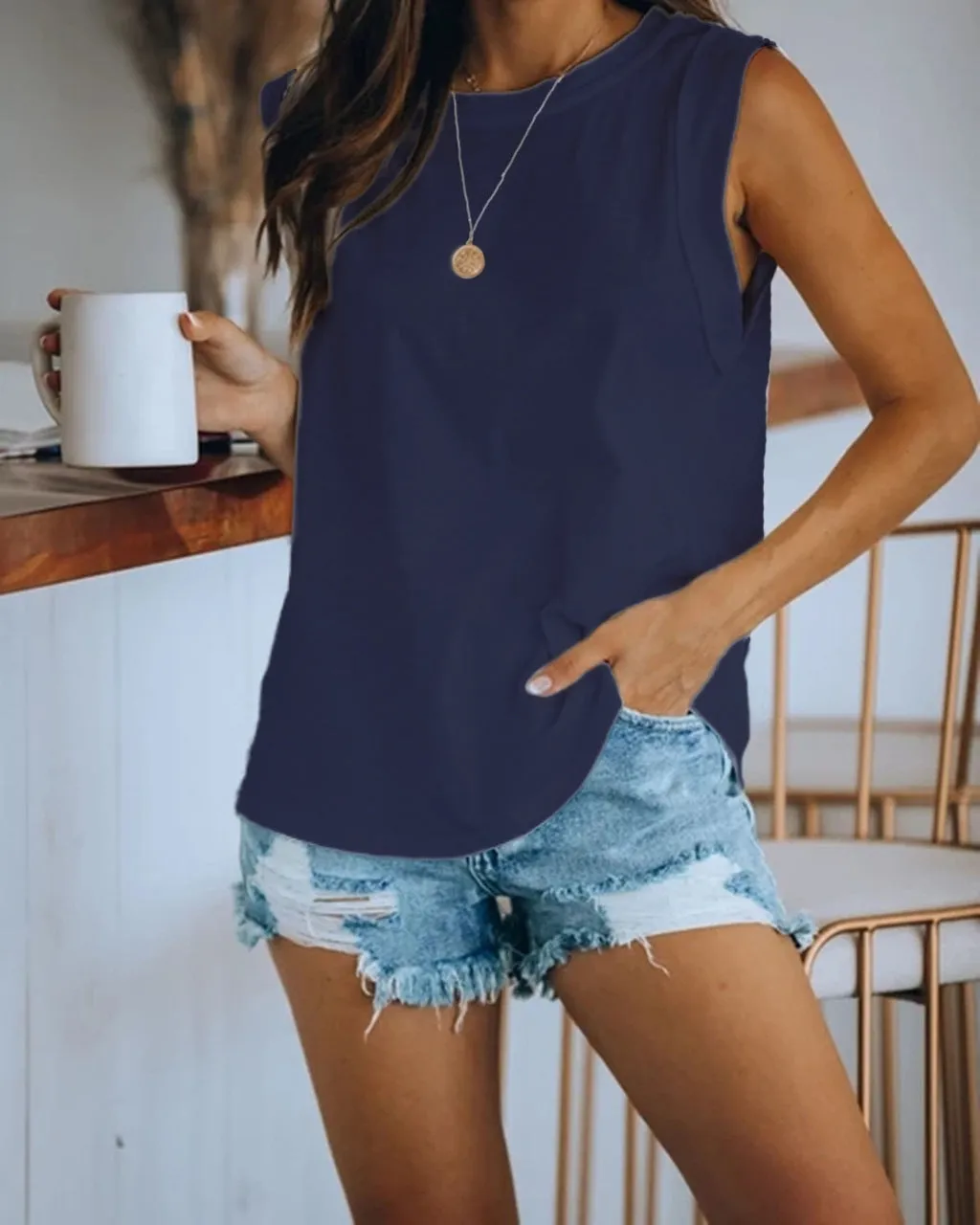 Popular Women Europe Round-Neck Dye Solid Colored Tank Top T-Shirt Tops T-Shirt